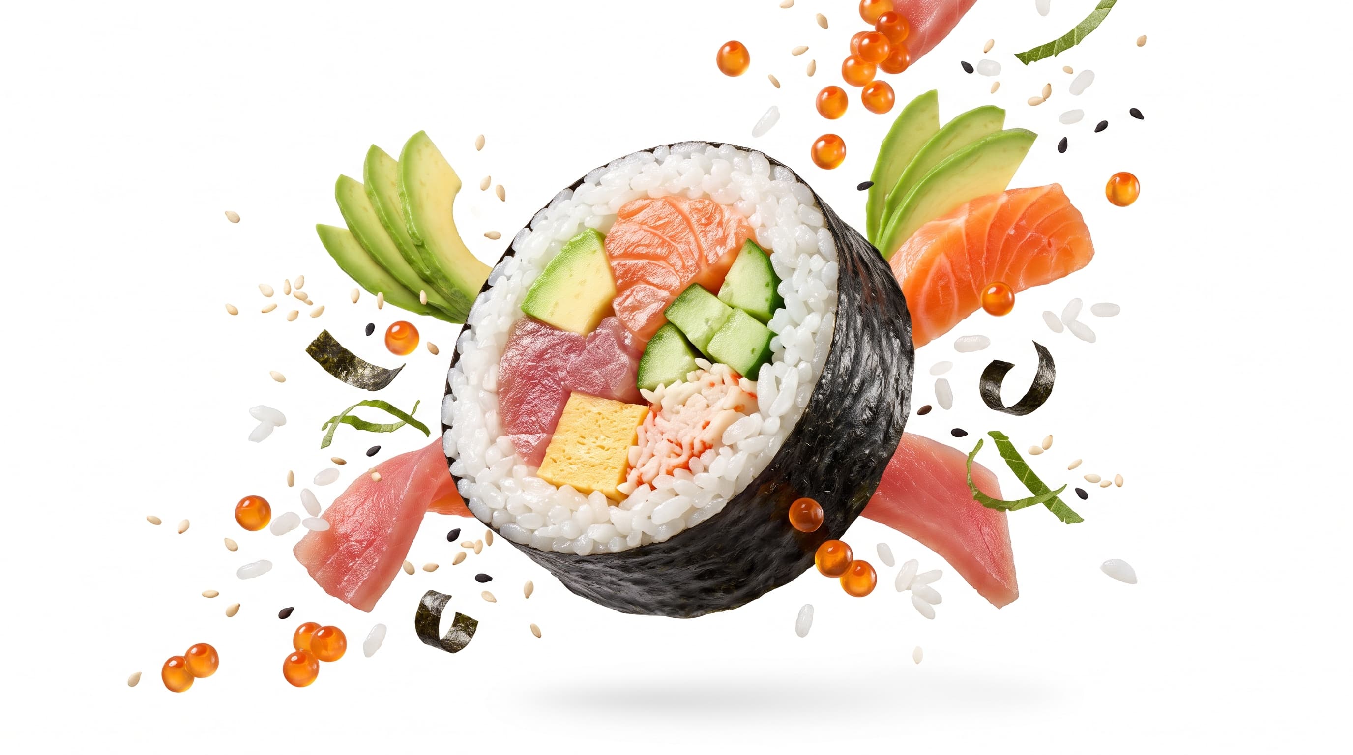 A giant futomaki sushi roll with salmon, tuna, avocado, tamago and crab, ingredients flying around it