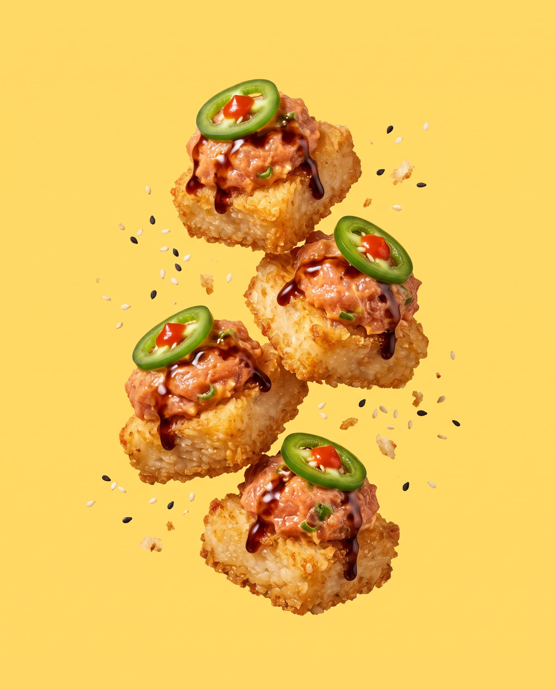 Four crispy rice squares topped with spicy tuna and jalapeno on yellow