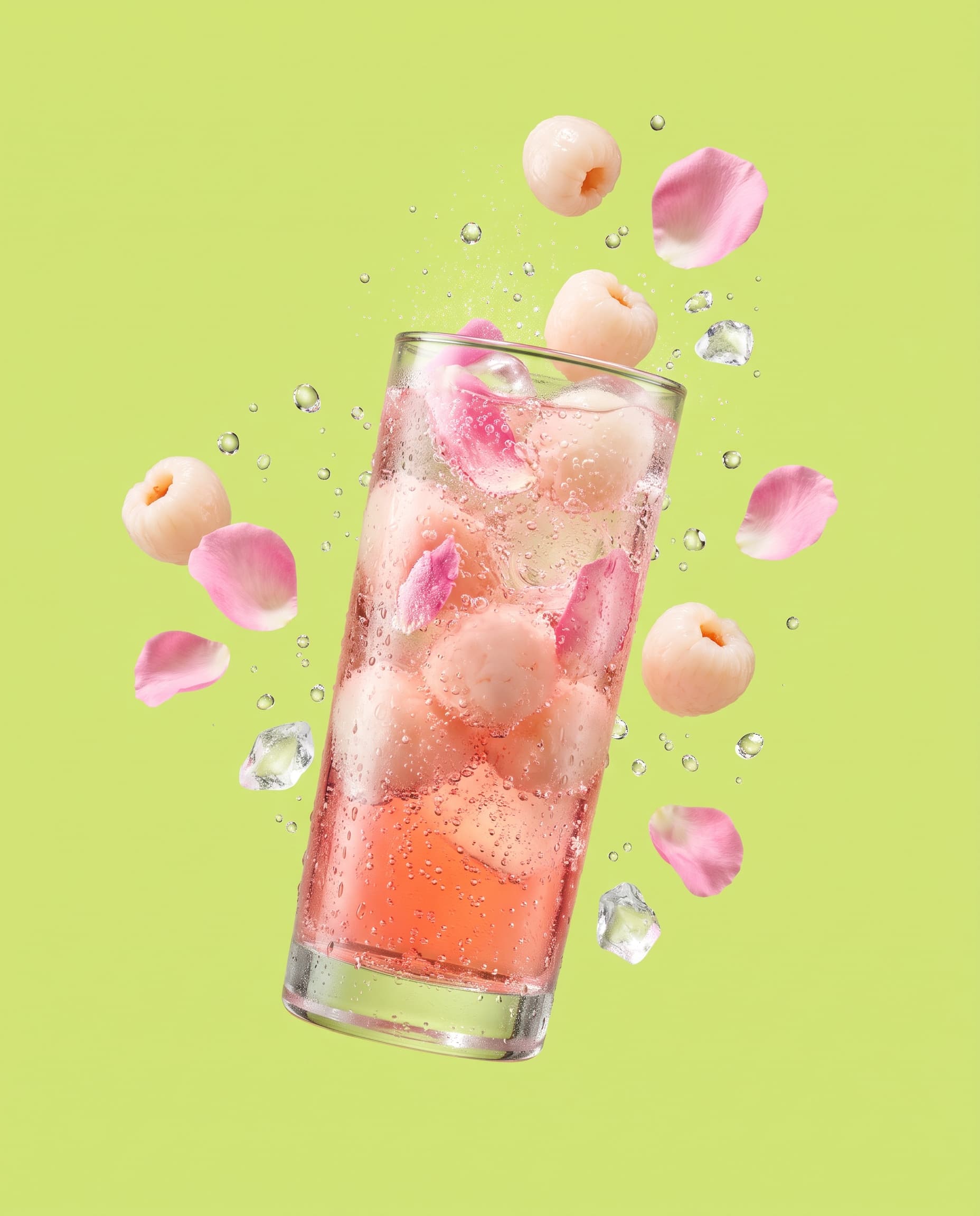 A pink lychee rose fizz with lychees and rose petals floating on lime green